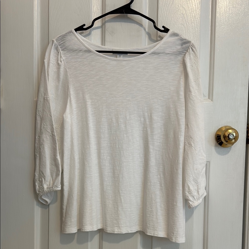 Women's White Top JJill Embroidered 3/4 sleeve